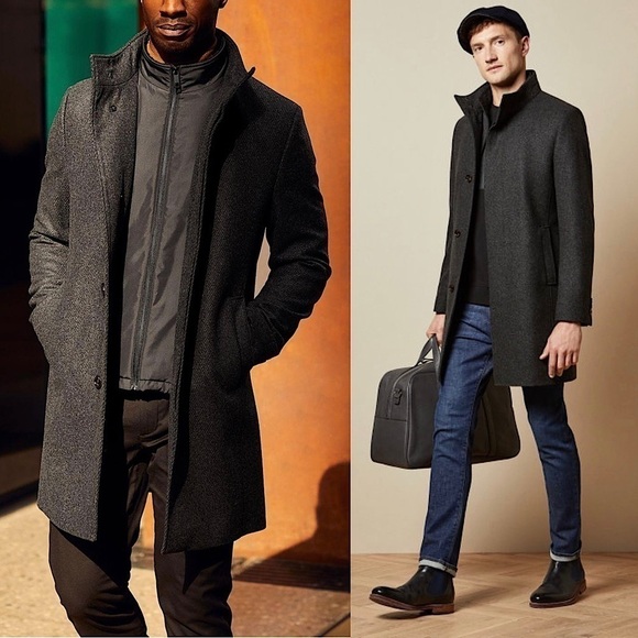 TED BAKER Wool Charcoal Tweed Single Breasted Funnel Neck Shell Panel Coat 44 - Picture 1 of 16